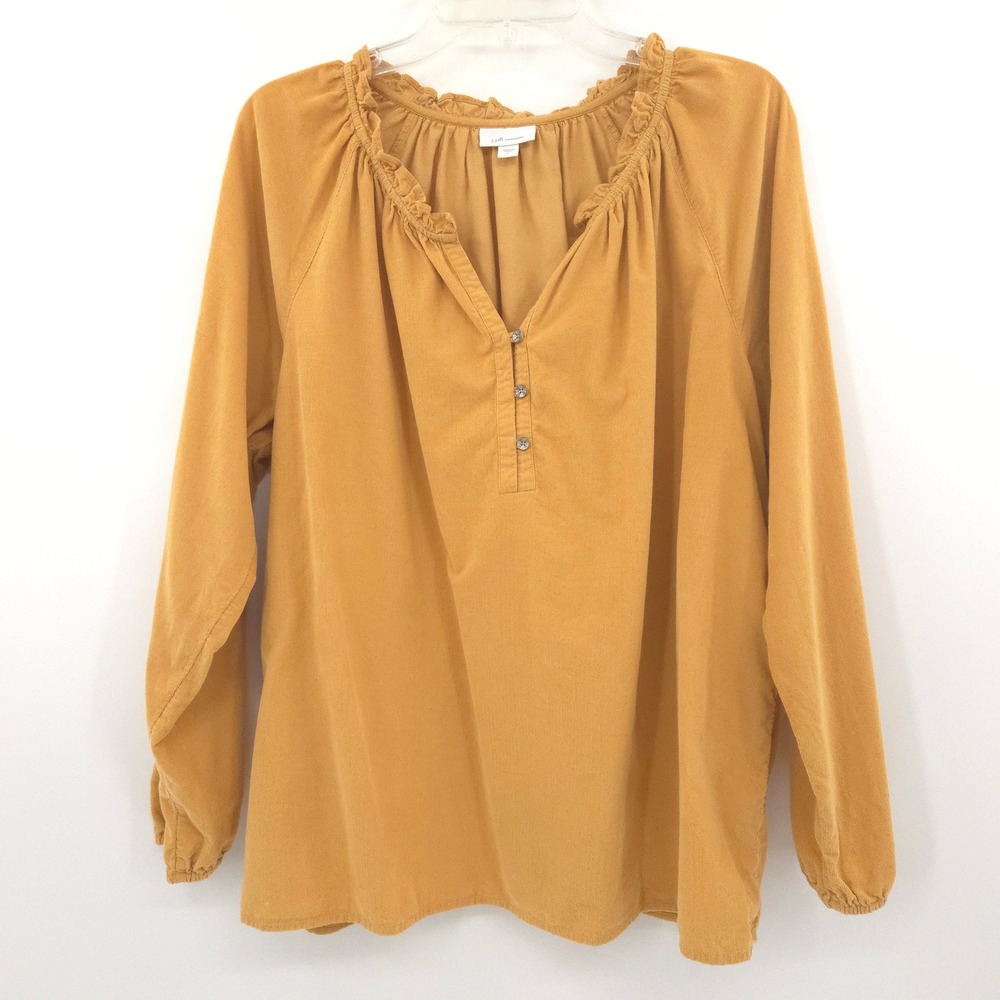 J. Jill Corduroy Blouse Womens Large Mustard Yellow Ruffle Henley Long Sleeve